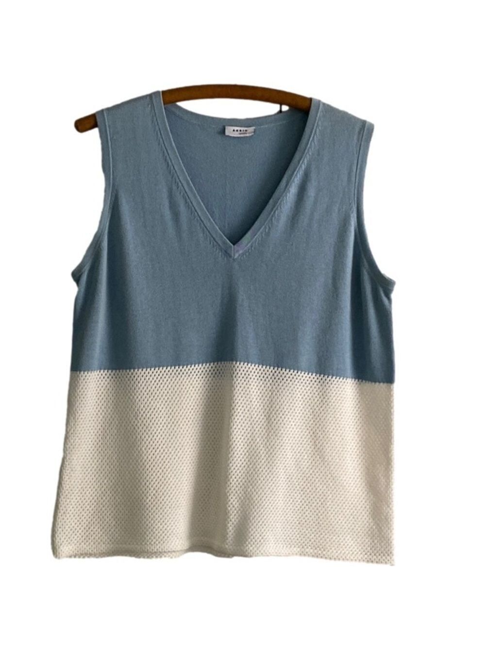 Akris Punto Vest Pullover V-neck Mesh Panel Color Block Blue White Women’s Sz 12